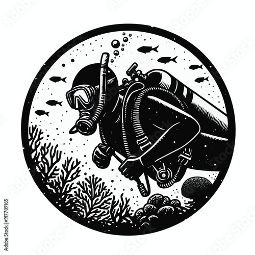 hand drawn scuba diver silhouette