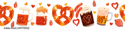 A festive illustration featuring a variety of German food and drink items, including pretzels, beer steins, and sausages, all drawn in a hand-painted style.