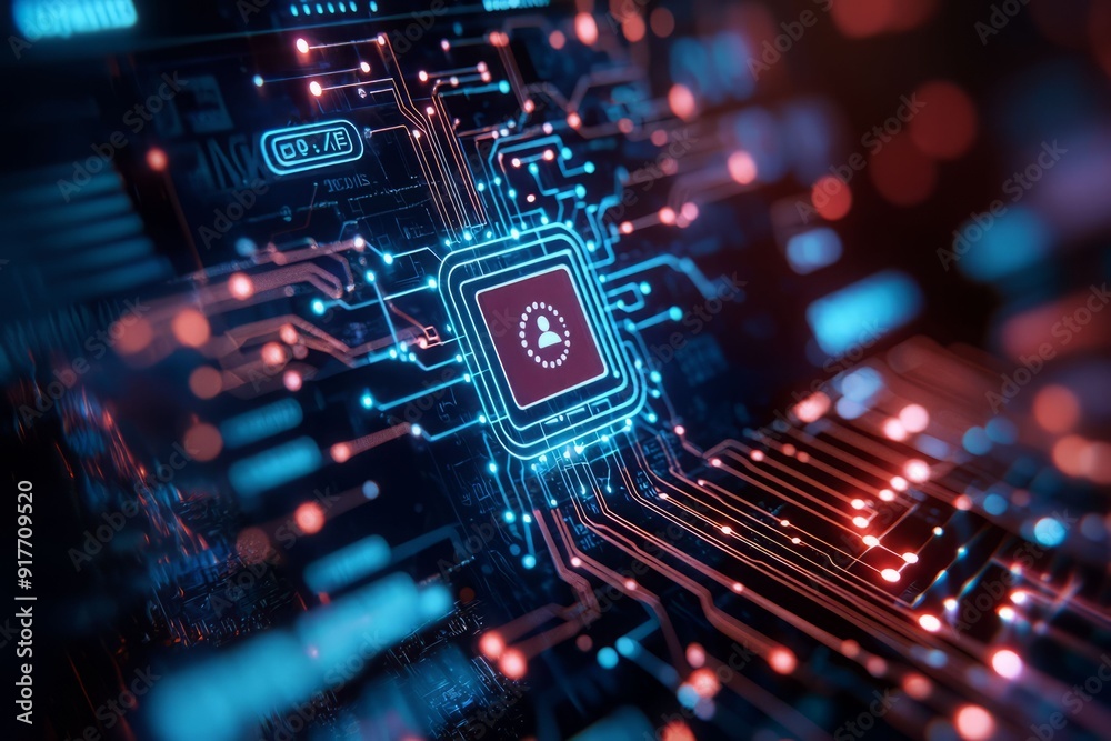 Futuristic close-up of a microchip with vibrant circuits, showcasing advanced technology and digital innovation. Futuristic close-up of a microchip with vibrant circuits, showcasing advanced technology and digital innovation.