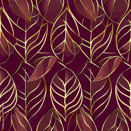 A seamless pattern featuring stylized leaves with gold veins on a deep burgundy background. The pattern creates a luxurious and elegant feel.