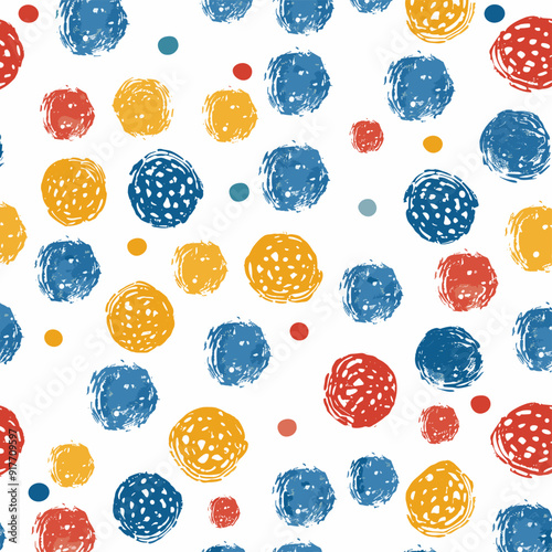 Seamless pattern of blue, yellow, red and white textured circles on a white background. Perfect for fabric, wrapping paper, wallpaper, and other creative projects.