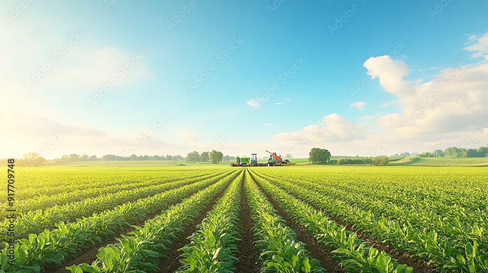 Vibrant green fields stretch under a clear sky, highlighting modern farming machinery at work in the serene agricultural landscape. Vibrant green fields stretch under a clear sky, highlighting modern farming machinery at work in the serene agricultural landscape.