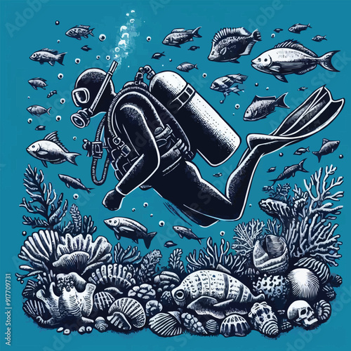 hand drawn scuba diver silhouette