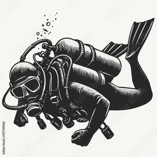 hand drawn scuba diver silhouette