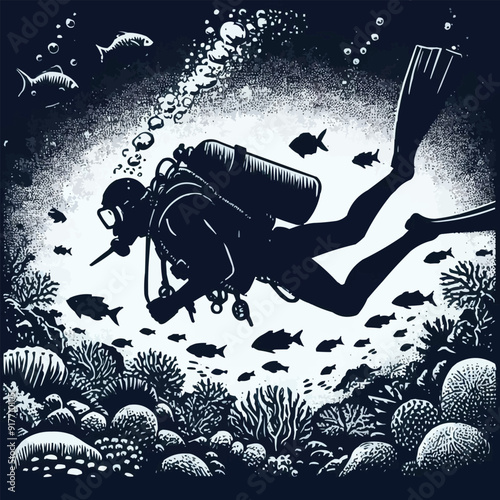 hand drawn scuba diver silhouette