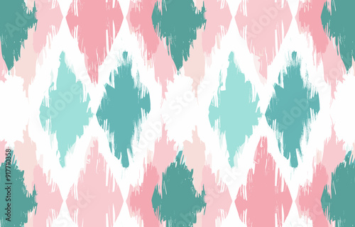 Seamless pattern of abstract diamond shapes in pink and teal on a white background The shapes are created using brushstrokes giving a textured and hand-painted effect Perfect for creating a variety of