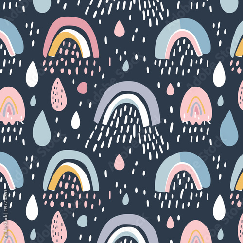 A colorful and playful seamless pattern featuring rainbows and raindrops on a dark background. Ideal for kids' clothing, home decor, and stationery.