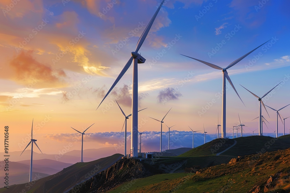 Obraz premium Wind turbines on hills at sunset, renewable energy concept