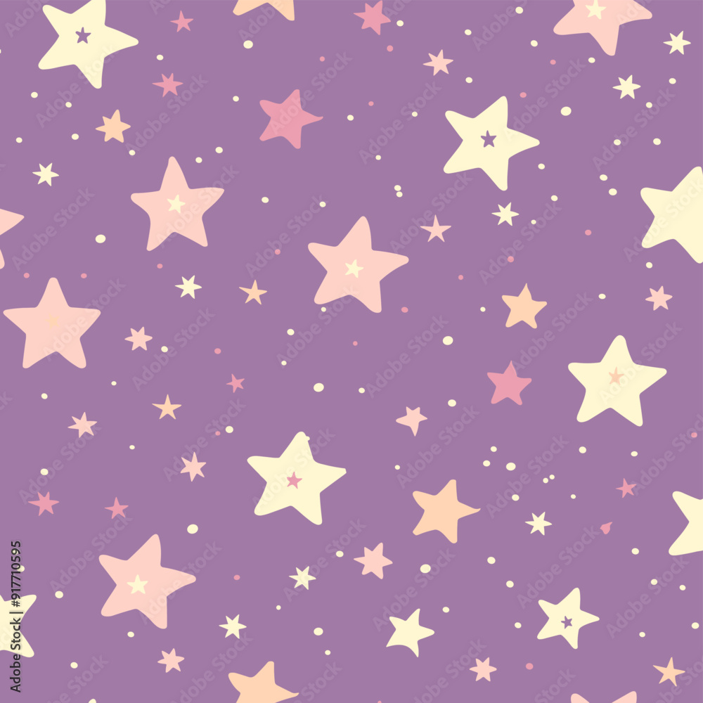 A seamless pattern featuring pastel pink yellow and white stars on a purple background. The stars are scattered randomly across the background creating a dreamy and whimsical feel