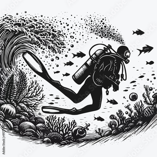 hand drawn scuba diver silhouette