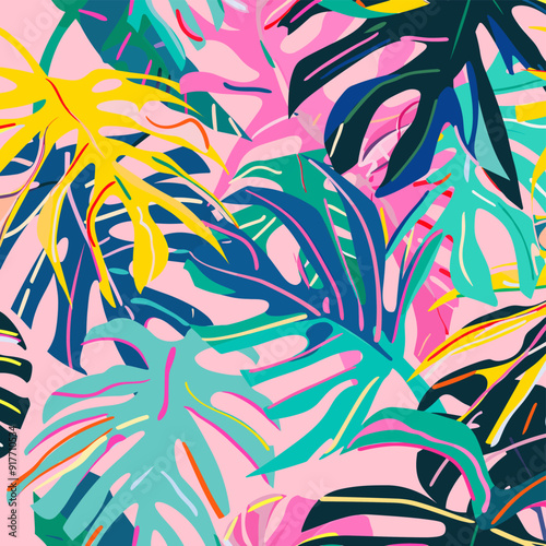 Abstract tropical leaf pattern in vibrant colors on a pink background.  This seamless design is perfect for fashion, textiles, and home decor.