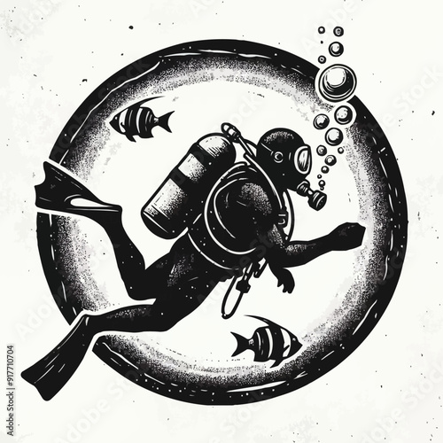 hand drawn scuba diver silhouette