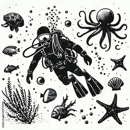 hand drawn scuba diver silhouette