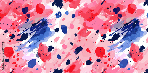 Abstract watercolor background with pink red and blue splotches and brushstrokes