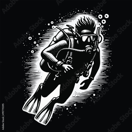 hand drawn scuba diver silhouette