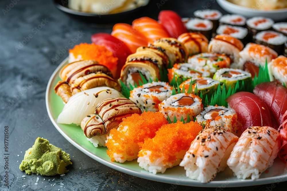 Assorted sushi and sashimi plate on dark background Assorted sushi and sashimi plate on dark background