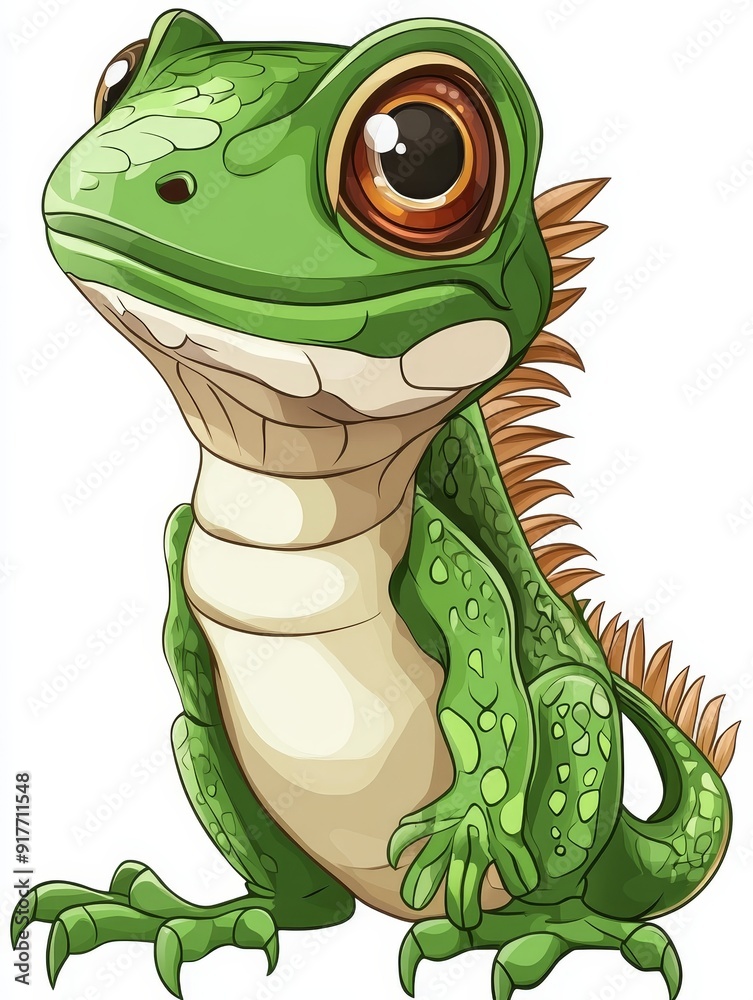 Naklejka premium Cartoon Green Iguana with Big Eyes
