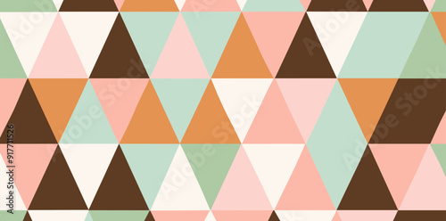 Seamless pattern of colorful triangles in pink, orange, green, brown and white, forming a geometric design.