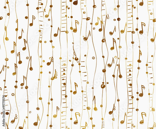 A seamless pattern with gold musical notes and lines on a white background. This pattern is perfect for adding a touch of elegance and musicality to any design project.
