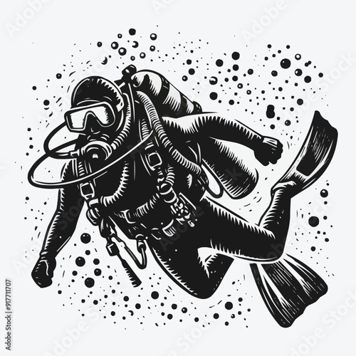 hand drawn scuba diver silhouette