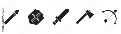 Simple set of weapon icons. Collection of flat weapon icons such as sword, axe, bow, spear, shield, crossbow, scimitar and rapier vector illustration in transparent background. Adventure and war game.