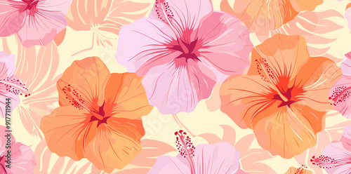 Vibrant hibiscus flowers with delicate petals in a tropical floral pattern.