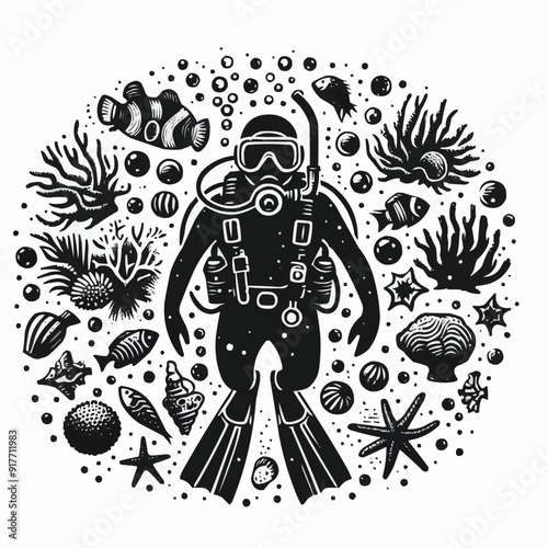 hand drawn scuba diver silhouette