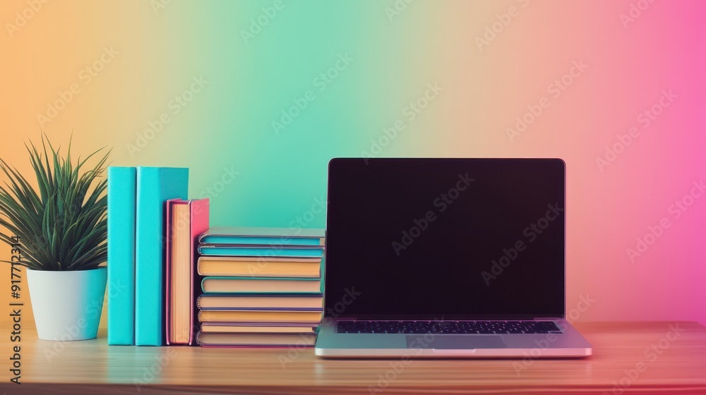 Laptop and books on a wooden desk in a modern office on a blurry background