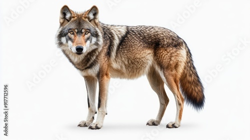 A European grey wolf standing alert and still, isolated on a white background, its piercing gaze and thick fur captured in detail.