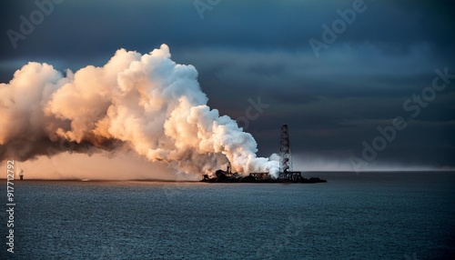 industrial site emitting smoke over the ocean, industrial pollution on marine and atmospheric ecosystems, pollution, climate change, and the urgent need for sustainable industrial practices