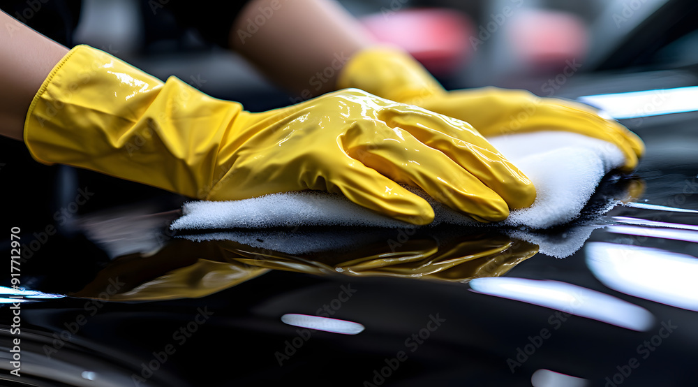 Person Cleaning Car with Yellow Gloves Person Cleaning Car with Yellow Gloves