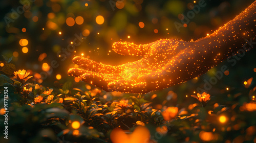 open hand reaches towards golden sunlight, symbolizing hope, aspiration, and the pursuit of dreams. The warm light illuminates the hand, capturing the essence of optimism, growth, and new beginnings