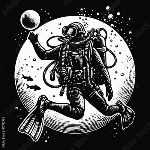 hand drawn scuba diver silhouette