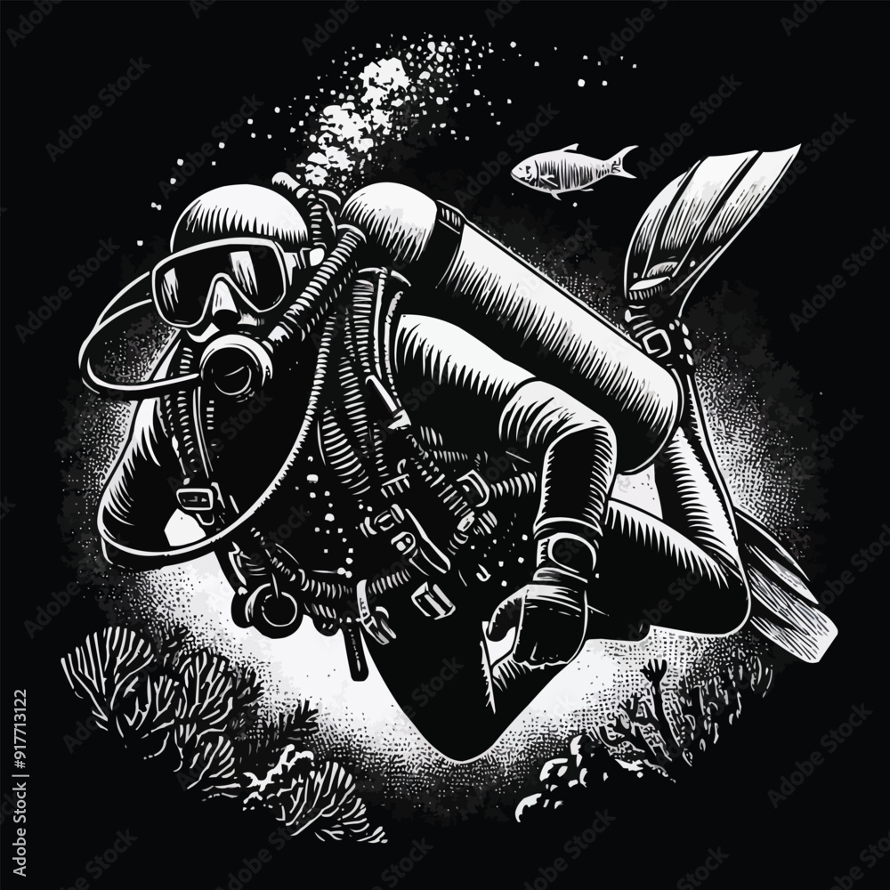 hand drawn scuba diver silhouette