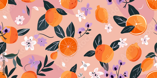 Seamless pattern with citrus fruit and flowers. Orange lemon blossom and leaves on pastel pink background. Perfect for summery tropical or citrus-themed designs