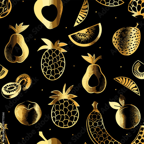 A seamless pattern featuring gold fruit silhouettes on a black background The pattern includes pineapples apples pears kiwi bananas and oranges This pattern is perfect for adding a touch of sophistica