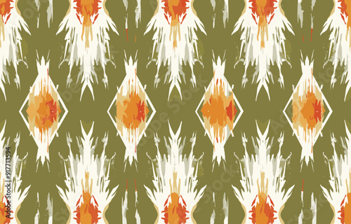 Seamless pattern with abstract colorful shapes and a green background. Perfect for textiles wallpaper or fashion design