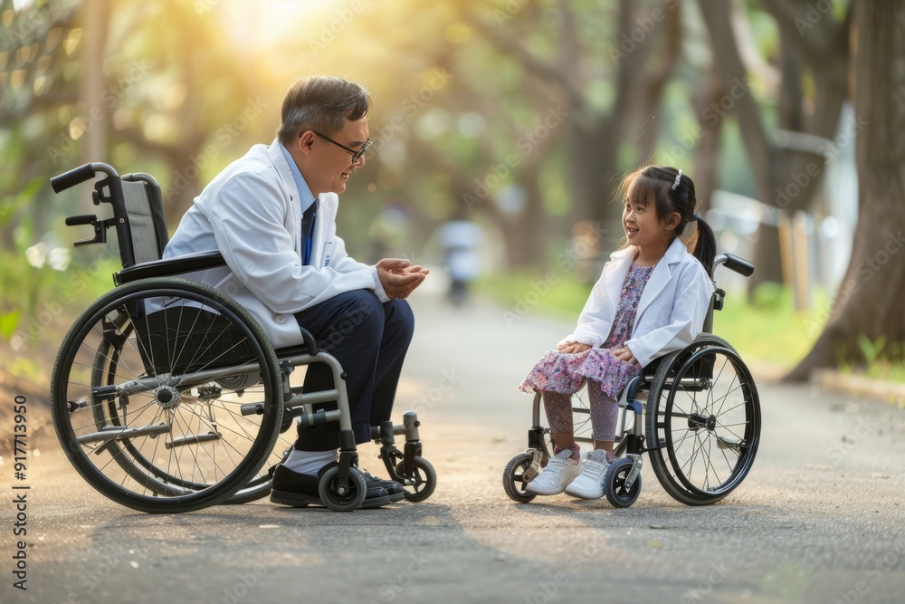 Doctor And Happy Little Girl With Cerebral Palsy Having Fun In The Park With Wheelchair. Doctor And Happy Little Girl With Cerebral Palsy Having Fun In The Park With Wheelchair.