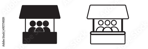 Sales booth symbol Icon. Web app ui sign logo of promotional street store vendor in market. Vector set collection of seller event promo kiosk display counter stall. Flat outline reception banner table