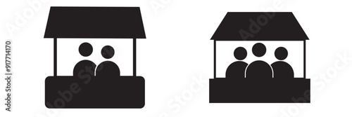 Sales booth symbol Icon. Web app ui sign logo of promotional street store vendor in market. Vector set collection of seller event promo kiosk display counter stall. Flat outline reception banner table