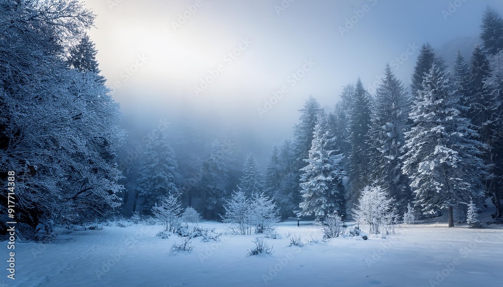 Fototapeta premium winter landscape featuring a dense forest blanketed in snow and ice. The tall evergreen trees are covered in thick layers of snow, creating a peaceful and cold atmosphere, a winter day in a pristine