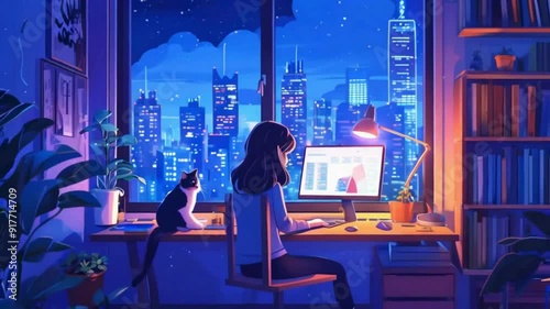 Lofi woman working on desktop in night 2d animation
