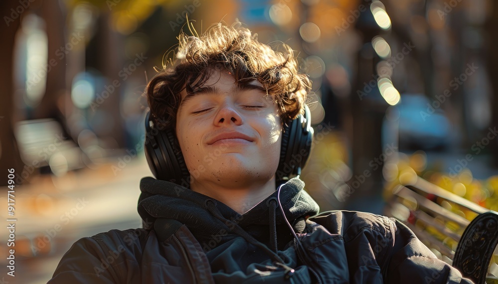 Obraz premium Young man listening to music on a bench