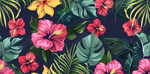 Vibrant tropical floral pattern with pink hibiscus flowers, yellow flowers, and lush green leaves on a dark blue background.