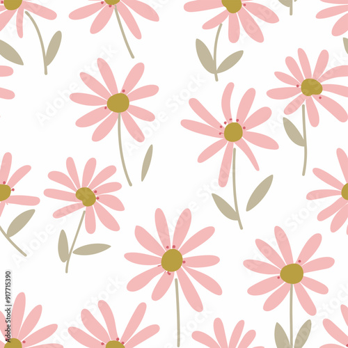 Seamless pattern of pink daisies on a white background. This simple floral design is perfect for adding a touch of elegance and femininity to any project