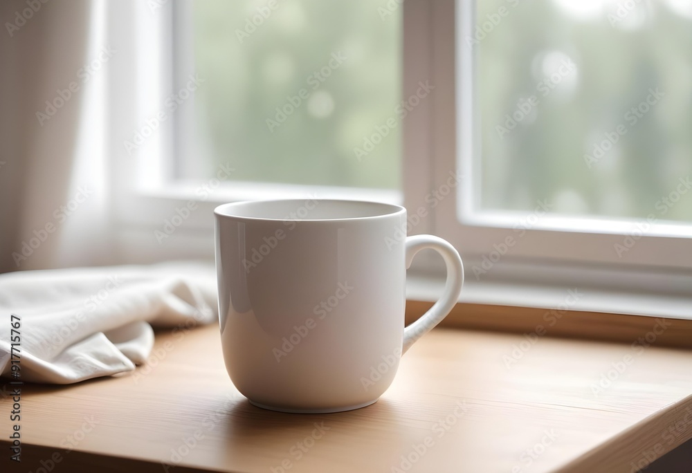White mug on wooden table indoors. Mockup for design White mug on wooden table indoors. Mockup for design