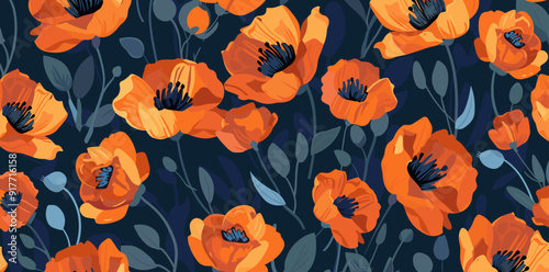 A vibrant seamless pattern featuring a multitude of orange poppy flowers on a deep blue background. The floral design is perfect for creating textile prints wallpapers and other decorative projects