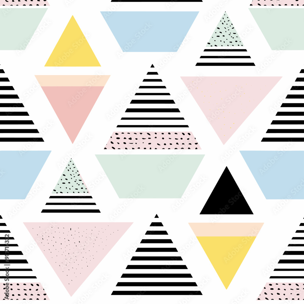 Fototapeta premium Seamless pattern with abstract geometric shapes in pastel colors and black stripes. This modern and stylish design is perfect for wallpaper textile and digital backgrounds