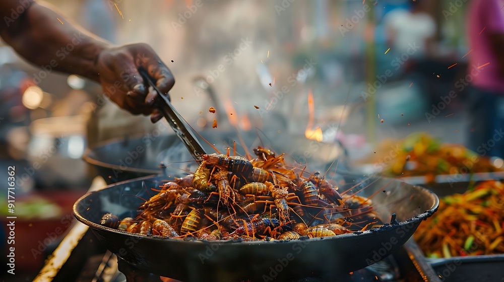 Fototapeta premium A closeup shows a street food vendor frying insects