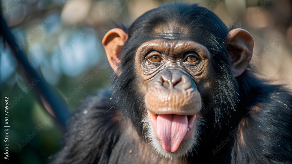 The chimpanzee is sticking out his tongue, The lush green blure background looks natural The chimpanzee is sticking out his tongue, The lush green blure background looks natural